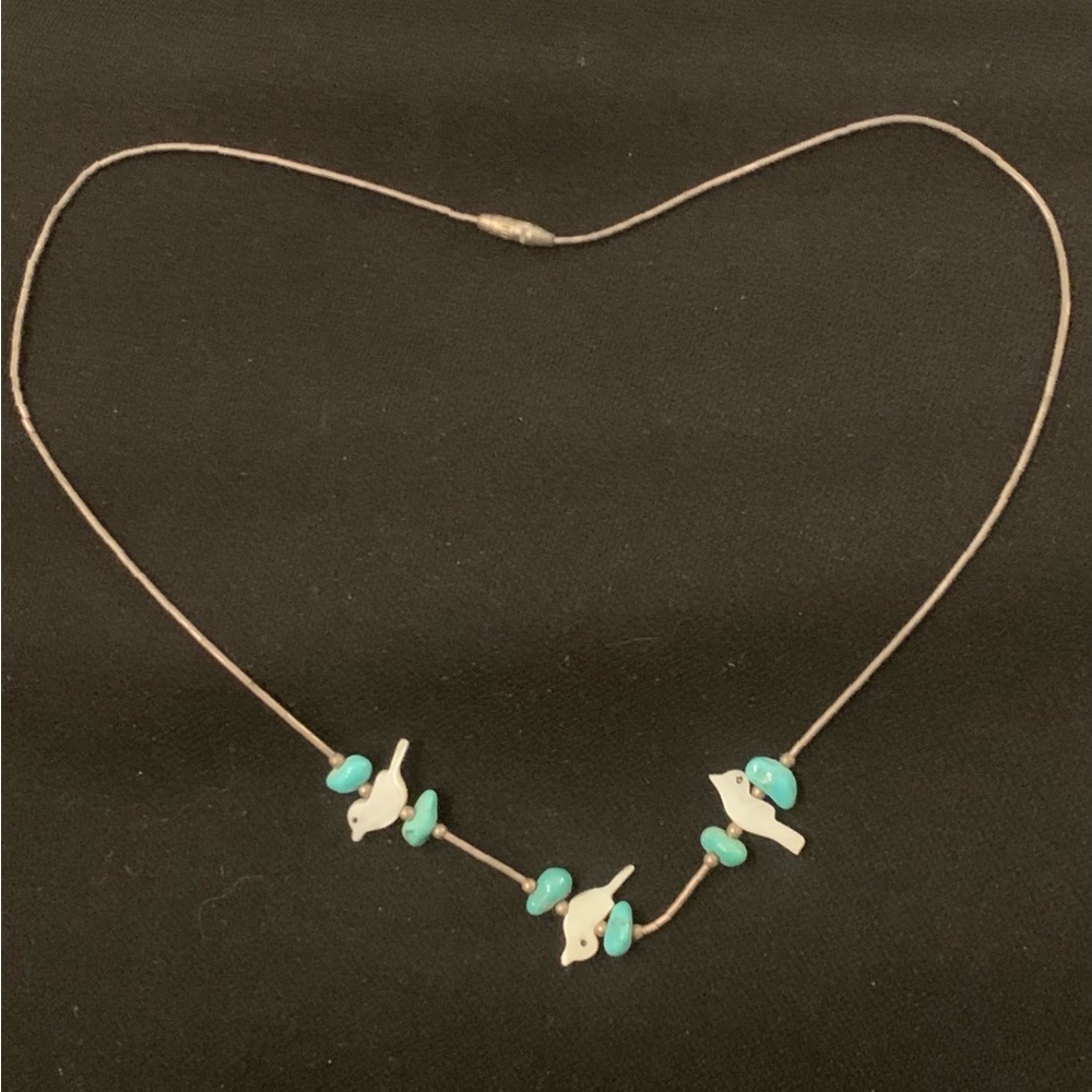 Handmade Turquoise Beads and White Shell Bird Pendant Necklace